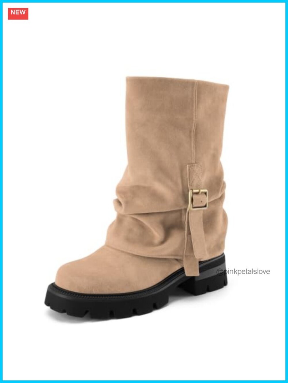 Women's Suede Fold Over Slouch Mid Calf Pull On Boots Low Chunky Heel Lug Sole